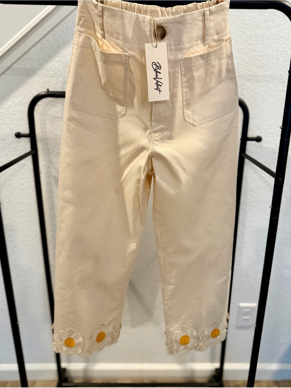 Blue Velvet Wide-Leg Cropped Pants with Daisy Hem